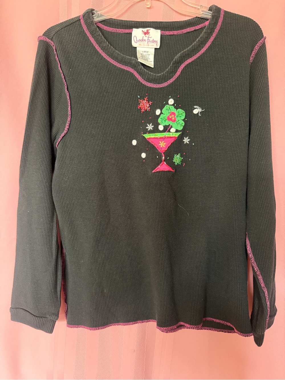 Quacker Factory Charcoal Thermal Top with Pink Trim & Embroidered Cocktail
